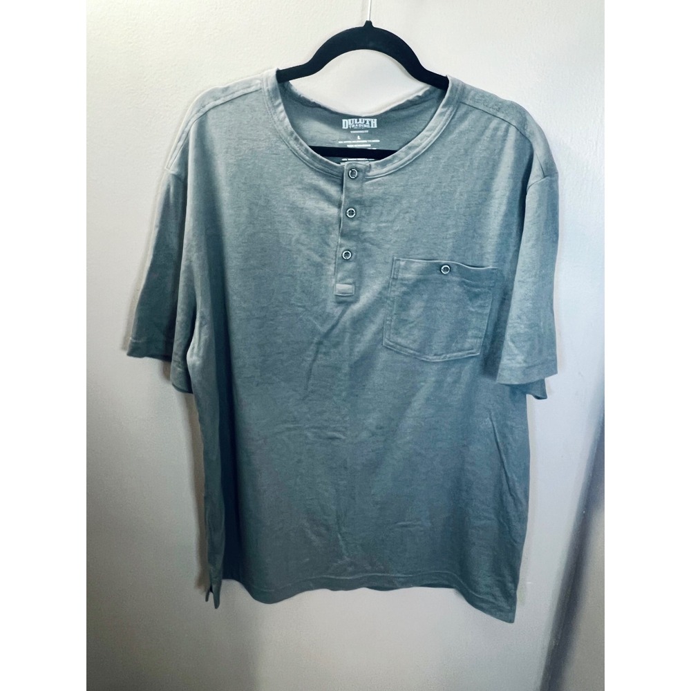 Duluth Trading Co Mens Gray Henley Short Sleeve Shirt Large Front Pocket Utility